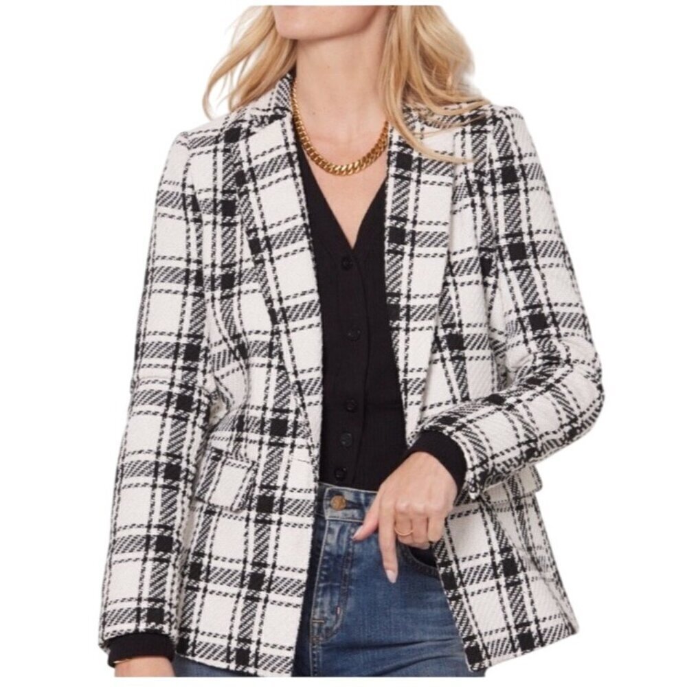 Evereve Womens Plaid single button Blazer XS Black & White Checkered Textured